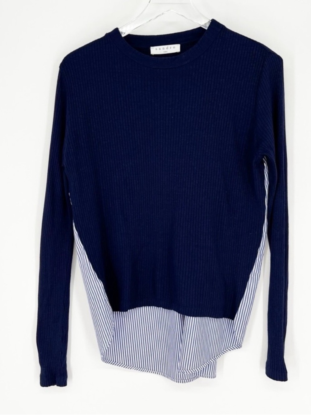 Sandro Navy Ribbed Knit Crew with Striped Shirt Hem